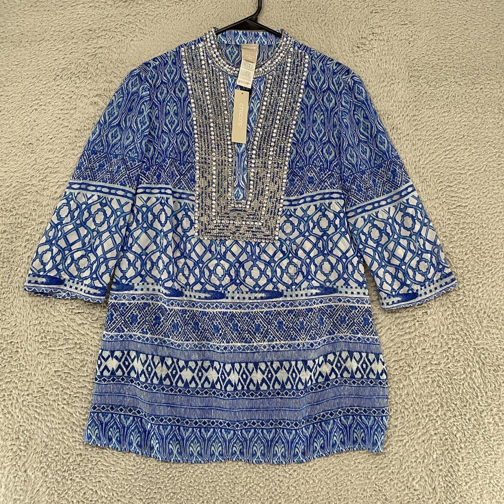 Chicos Beaded Tunic Top Womens 1/M Blue Geometric Sheer Embellished 3/4 Sleeve - Picture 1 of 16